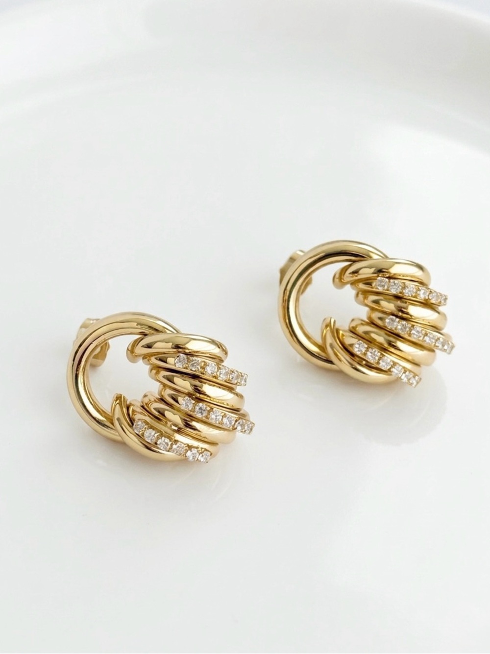 14K Gold Plated Ribbed & Circle Stud Earrings | CZ Encrusted Layered Statement - Picture 5 of 9